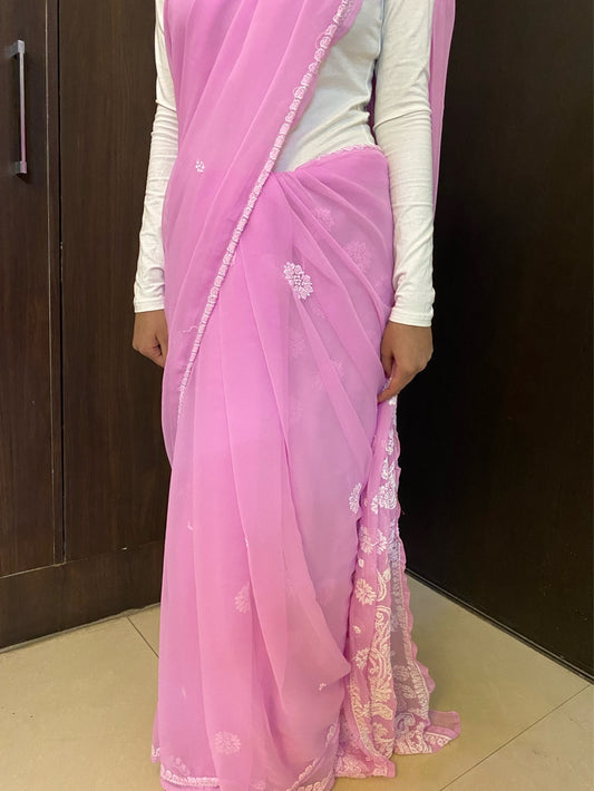 Pink Chikankari White Embroidered Saree