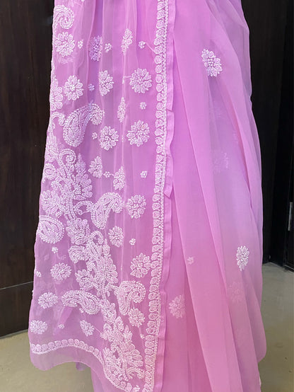 Pink Chikankari Embroidered Faux Georgette Saree - Famous Chikankari