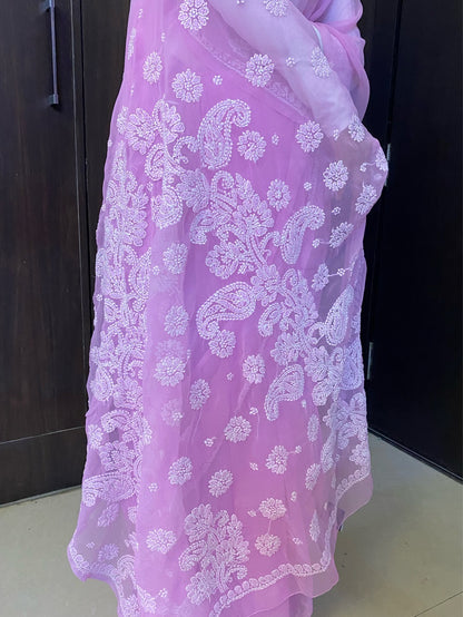 Pink Chikankari Embroidered Faux Georgette Saree - Famous Chikankari