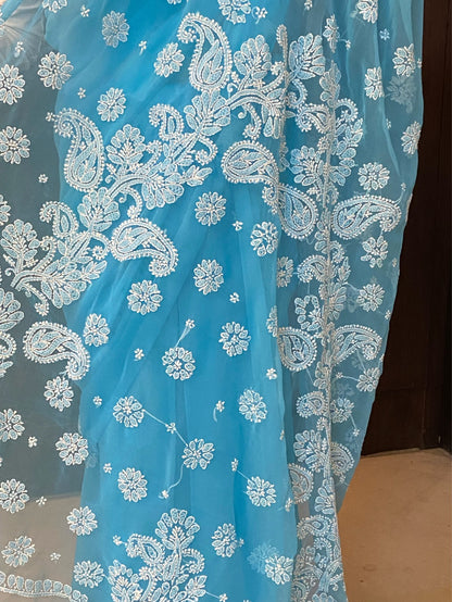 Blue Chikankari White Embroidered Saree - Famous Chikankari