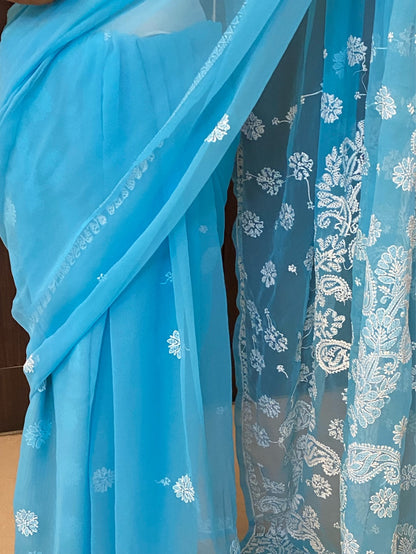 Blue Chikankari White Embroidered Saree - Famous Chikankari