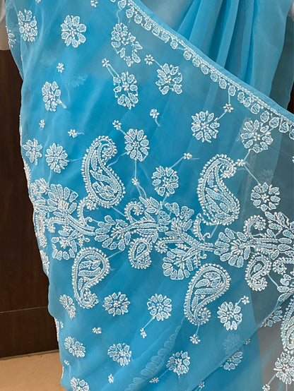 Blue Chikankari White Embroidered Saree - Famous Chikankari
