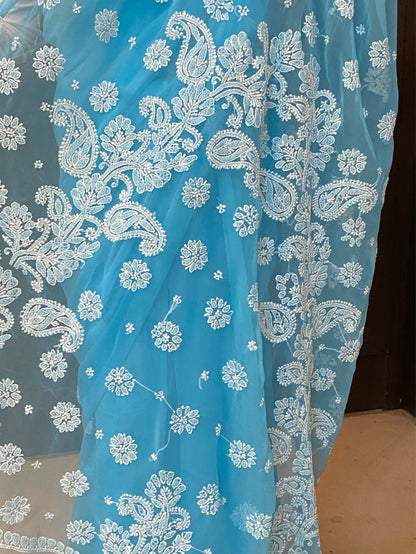 Blue Chikankari White Embroidered Saree - Famous Chikankari