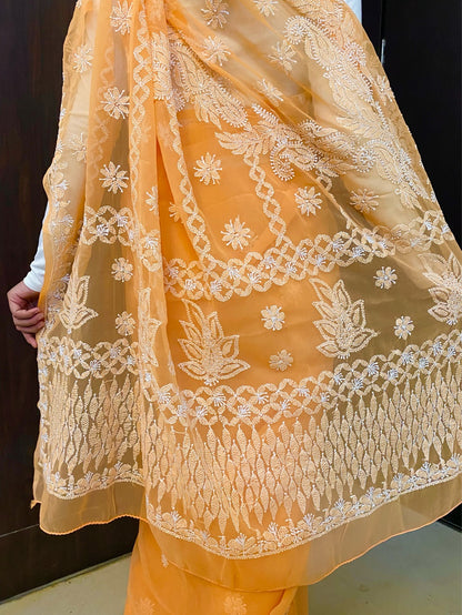 Light Orange Chikankari White Embroidered Saree - Famous Chikankari