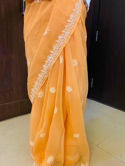 Light Orange Chikankari White Embroidered Saree - Famous Chikankari