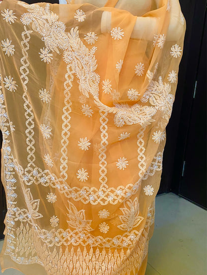 Light Orange Chikankari White Embroidered Saree - Famous Chikankari