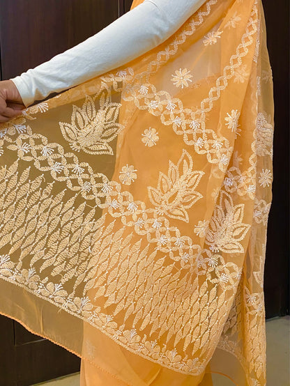 Light Orange Chikankari White Embroidered Saree - Famous Chikankari