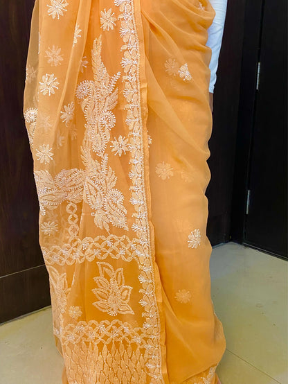Light Orange Chikankari White Embroidered Saree - Famous Chikankari