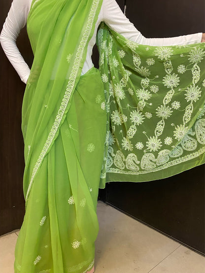 Green Chikankari White Embroidered Saree - Famous Chikankari