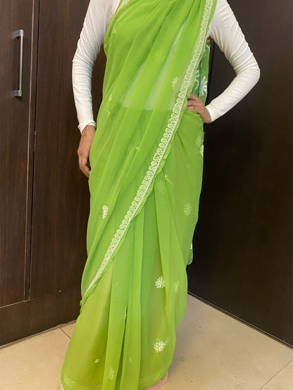 Green Chikankari White Embroidered Saree - Famous Chikankari