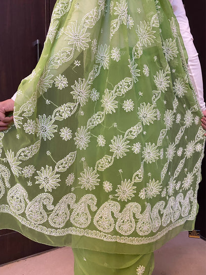 Green Chikankari White Embroidered Saree - Famous Chikankari