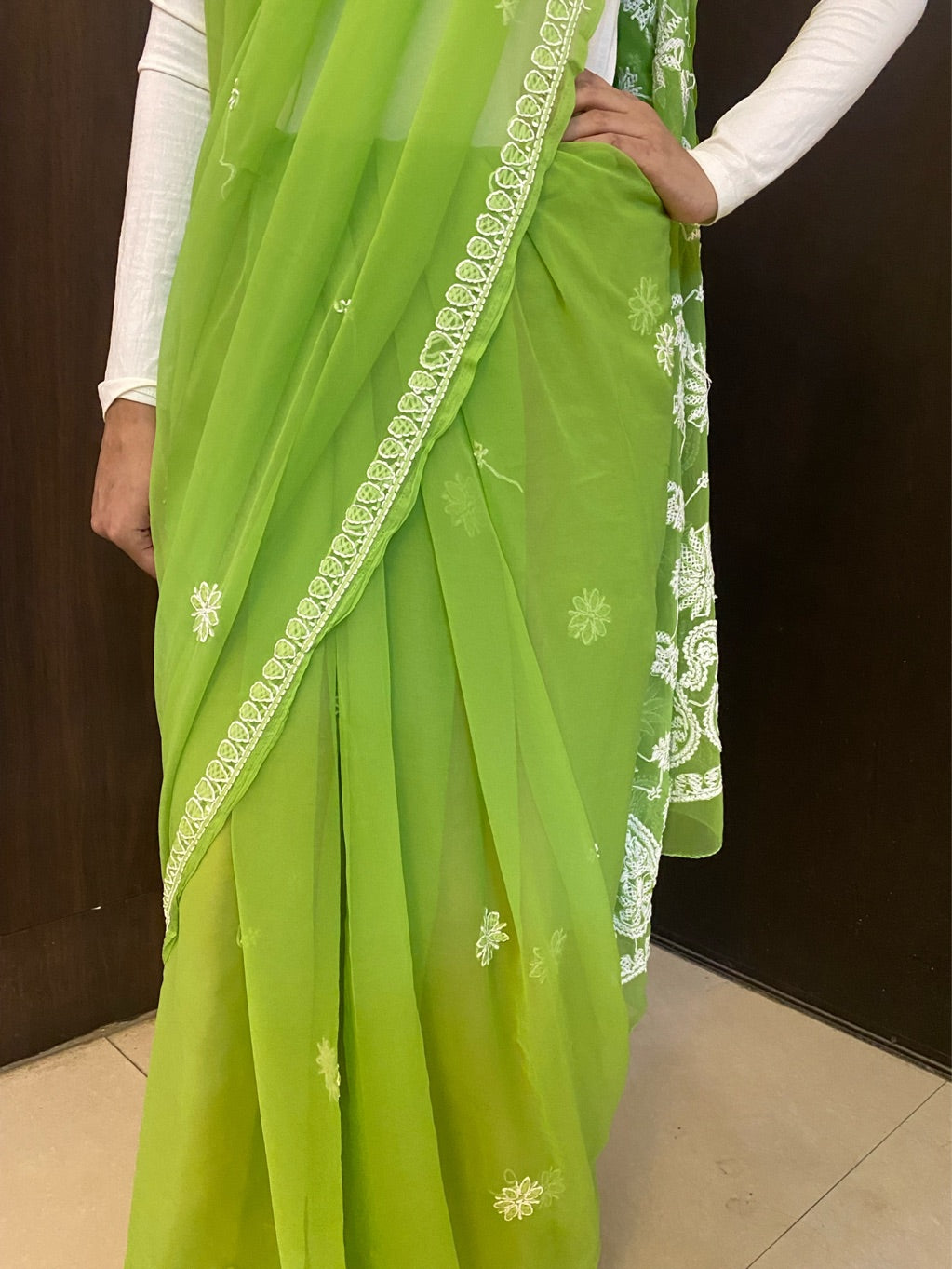 Green Chikankari White Embroidered Saree