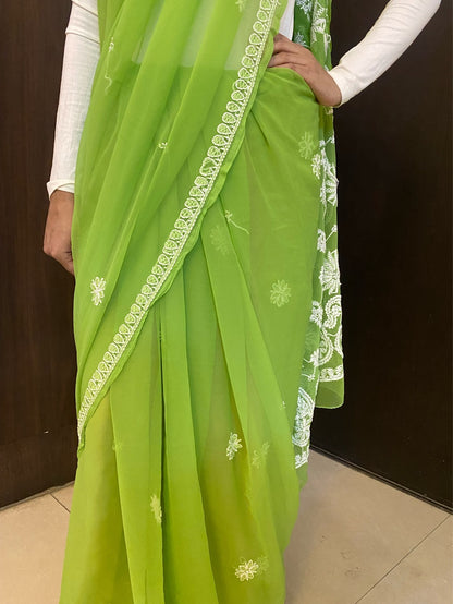 Green Chikankari White Embroidered Saree - Famous Chikankari