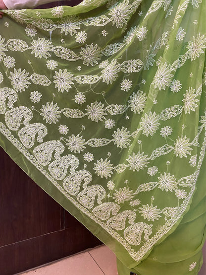 Green Chikankari White Embroidered Saree - Famous Chikankari