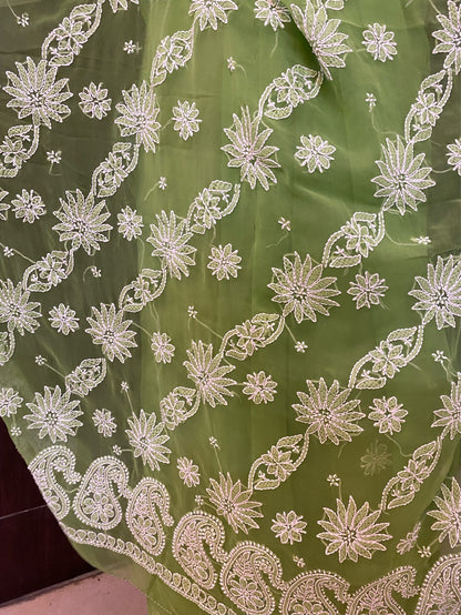 Green Chikankari White Embroidered Saree - Famous Chikankari