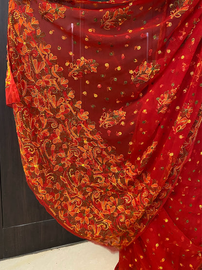 Red Multi Embroidered Chikankari Saree Full Kangan Work - Famous Chikankari