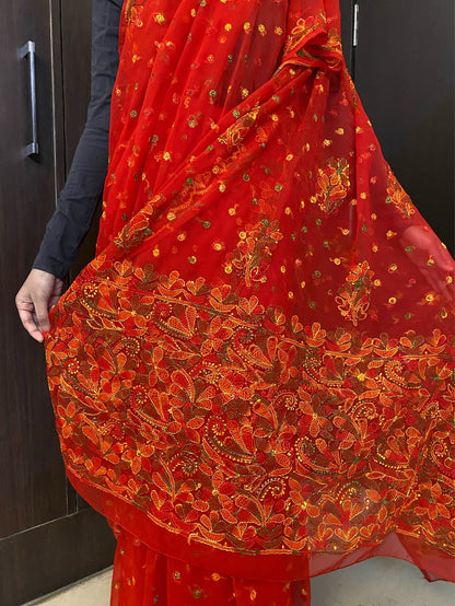 Red Multi Embroidered Chikankari Saree Full Kangan Work - Famous Chikankari