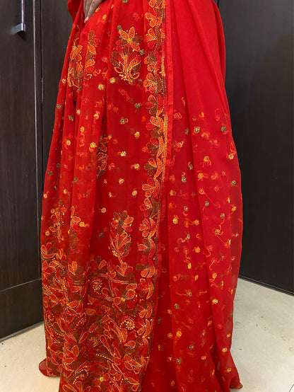 Red Multi Embroidered Chikankari Saree Full Kangan Work - Famous Chikankari