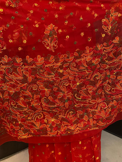 Red Multi Embroidered Chikankari Saree Full Kangan Work - Famous Chikankari