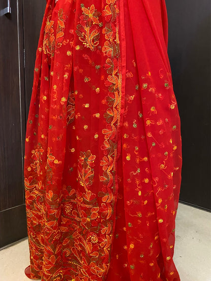 Red Multi Embroidered Chikankari Saree Full Kangan Work - Famous Chikankari