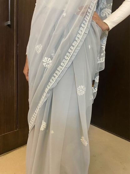 Light Grey Chikankari White Embroidered Saree - Famous Chikankari