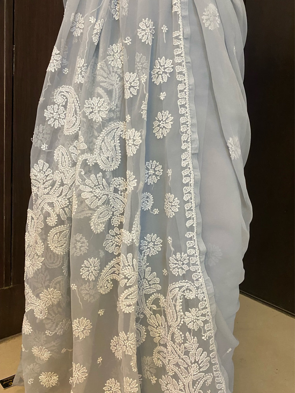 Light Grey Chikankari White Embroidered Saree
