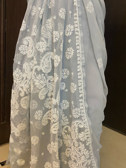 Light Grey Chikankari White Embroidered Saree - Famous Chikankari