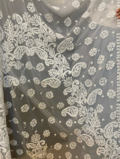Light Grey Chikankari White Embroidered Saree - Famous Chikankari