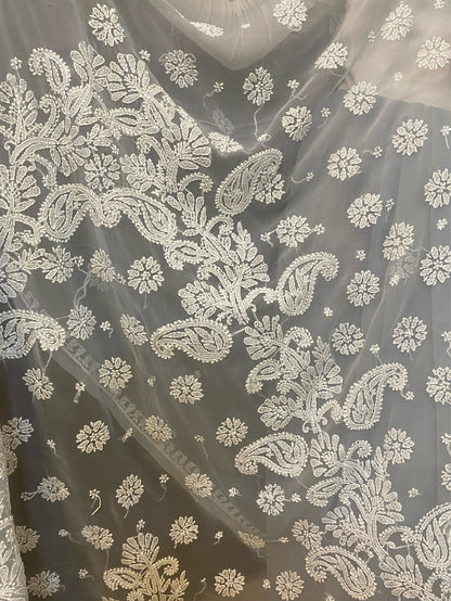 Light Grey Chikankari White Embroidered Saree - Famous Chikankari