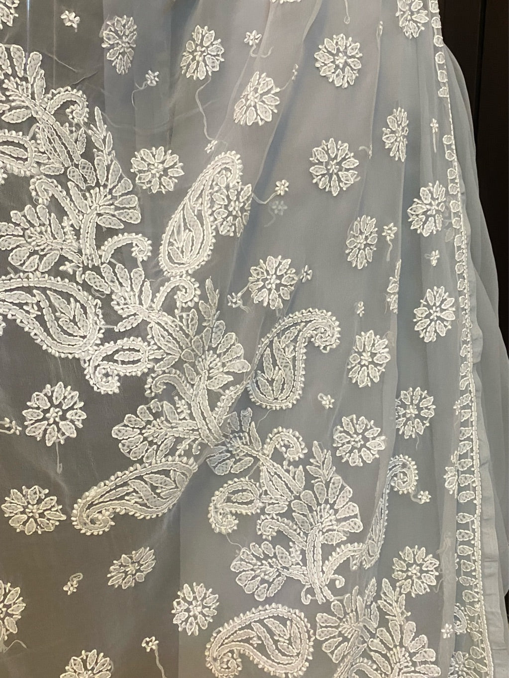 Light Grey Chikankari White Embroidered Saree