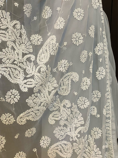 Light Grey Chikankari White Embroidered Saree - Famous Chikankari