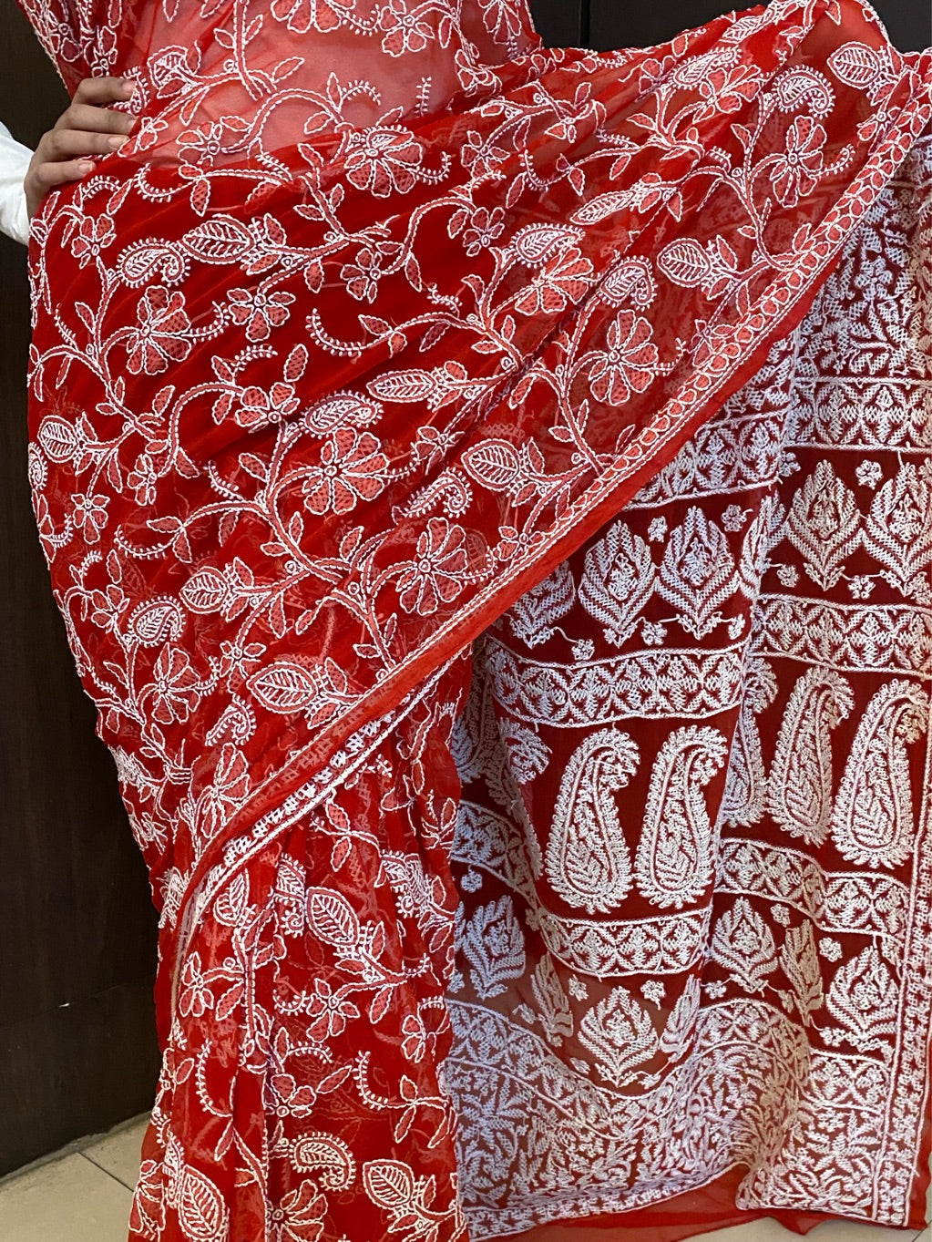 Red Chikankari Full Jaalwork Georgette Saree