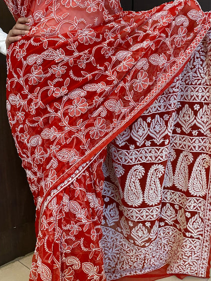 Red Chikankari Full Jaalwork Georgette Saree - Famous Chikankari