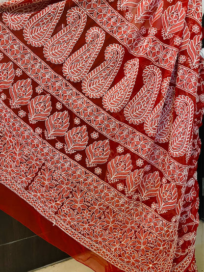 Red Chikankari Full Jaalwork Georgette Saree - Famous Chikankari