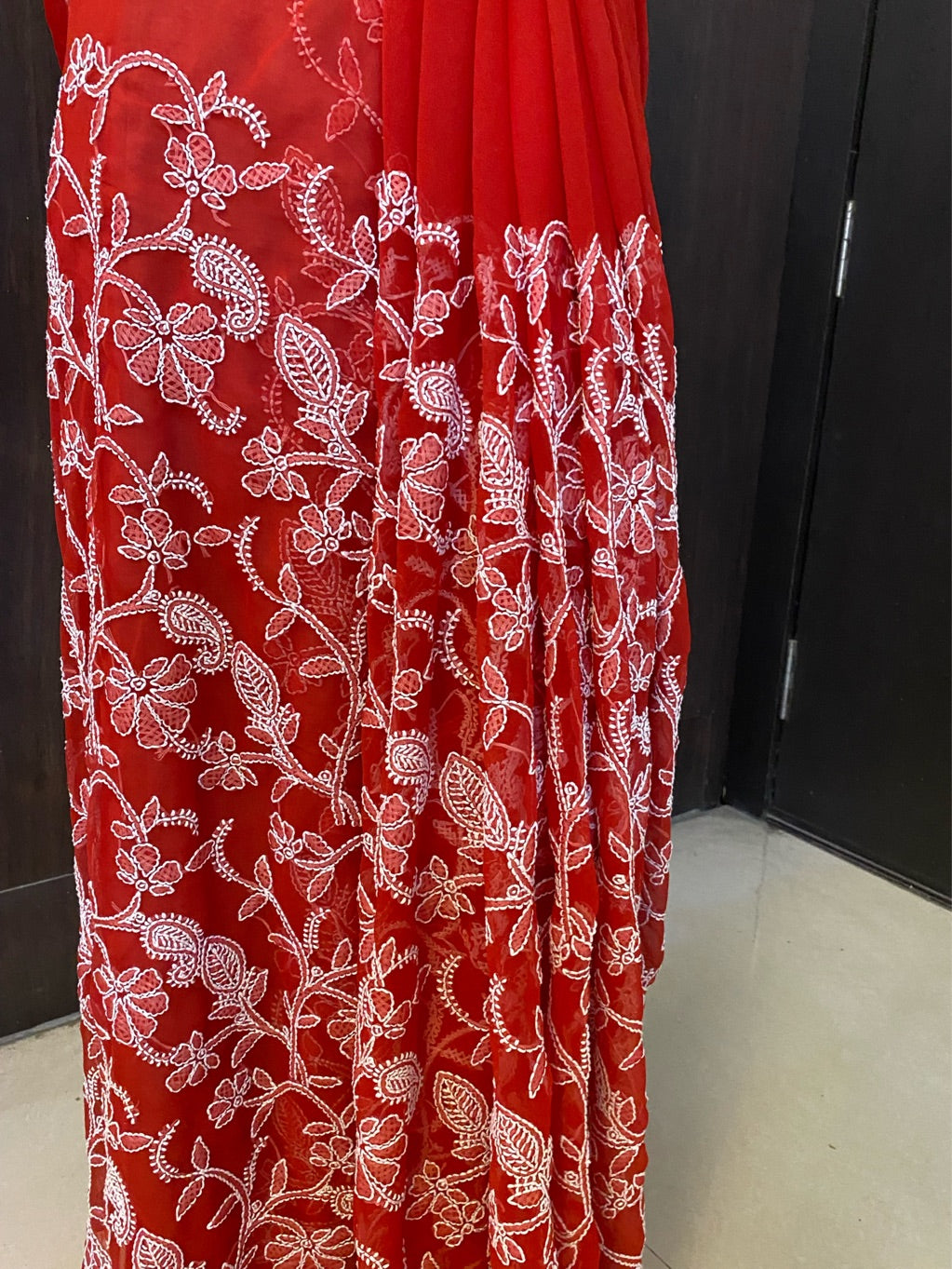 Red Chikankari Full Jaalwork Georgette Saree
