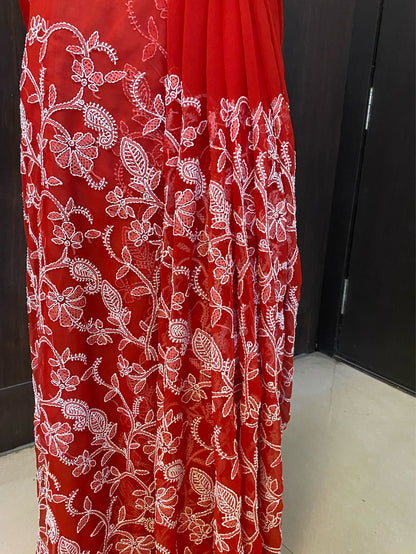 Red Chikankari Full Jaalwork Georgette Saree - Famous Chikankari
