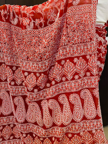 Red Chikankari Full Jaalwork Georgette Saree - Famous Chikankari
