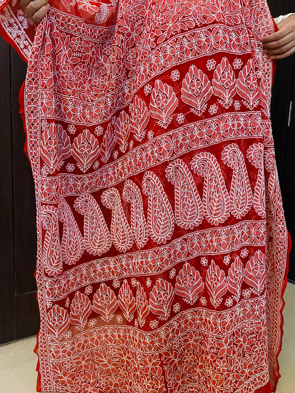 Red Chikankari Full Jaalwork Georgette Saree