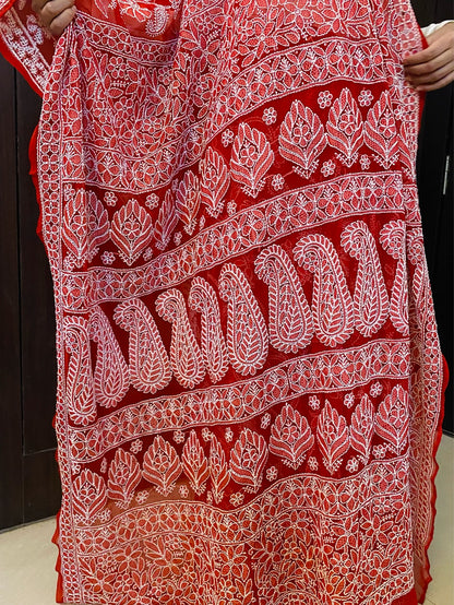 Red Chikankari Full Jaalwork Georgette Saree - Famous Chikankari