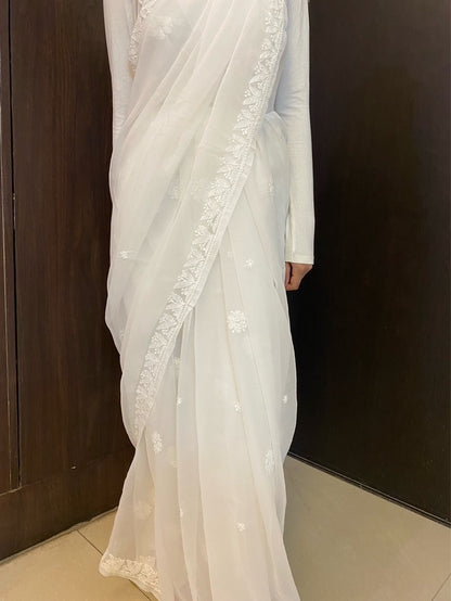 White Chikankari White Embroidered Saree - Famous Chikankari