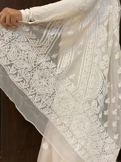 White Chikankari White Embroidered Saree - Famous Chikankari