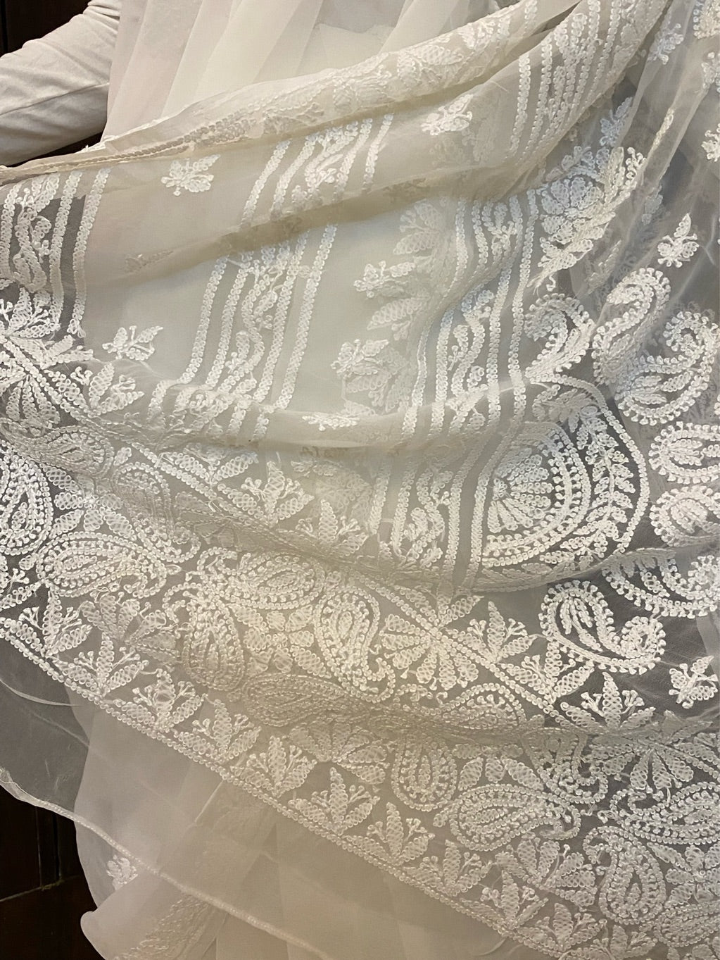 White Chikankari White Embroidered Saree