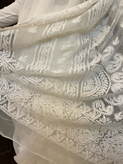 White Chikankari White Embroidered Saree - Famous Chikankari