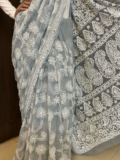 Grey Chikankari Full Jaalwork Georgette Saree - Famous Chikankari