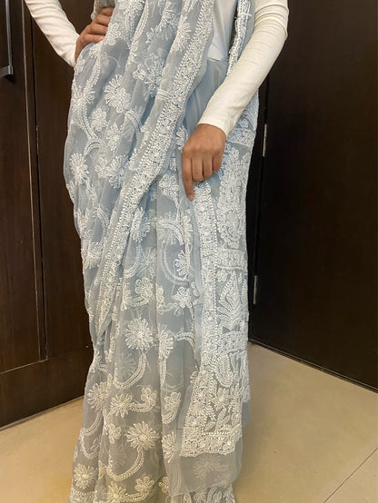 Grey Chikankari Full Jaalwork Georgette Saree - Famous Chikankari