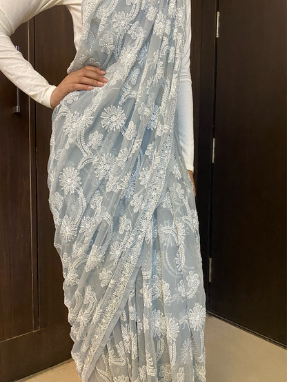Grey Chikankari Full Jaalwork Georgette Saree - Famous Chikankari