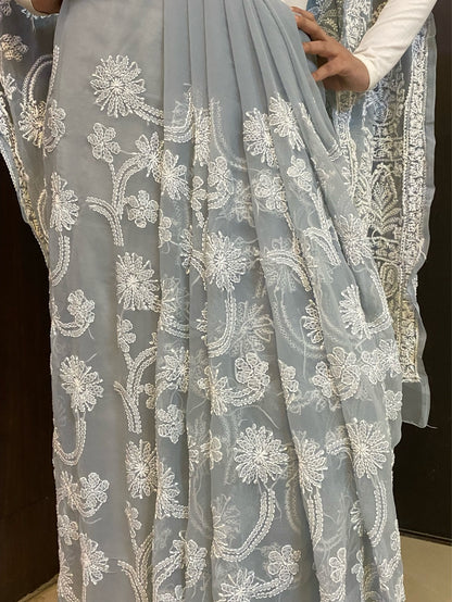 Grey Chikankari Full Jaalwork Georgette Saree - Famous Chikankari