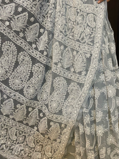 Grey Chikankari Full Jaalwork Georgette Saree - Famous Chikankari