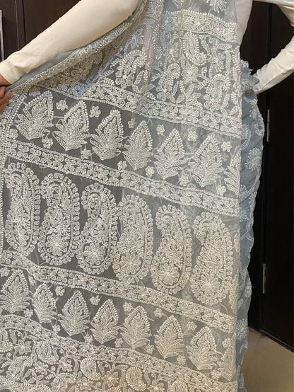 Grey Chikankari Full Jaalwork Georgette Saree - Famous Chikankari