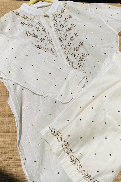 Roohani White Mukaish Semi Stitched Coord Set - Famous Chikankari